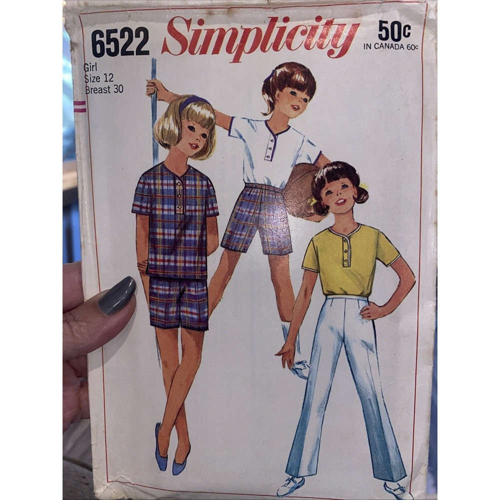 Vintage 1966 Simplicity 6522 Girls Sewing Pattern Size 12 Bell Bottoms Shirt